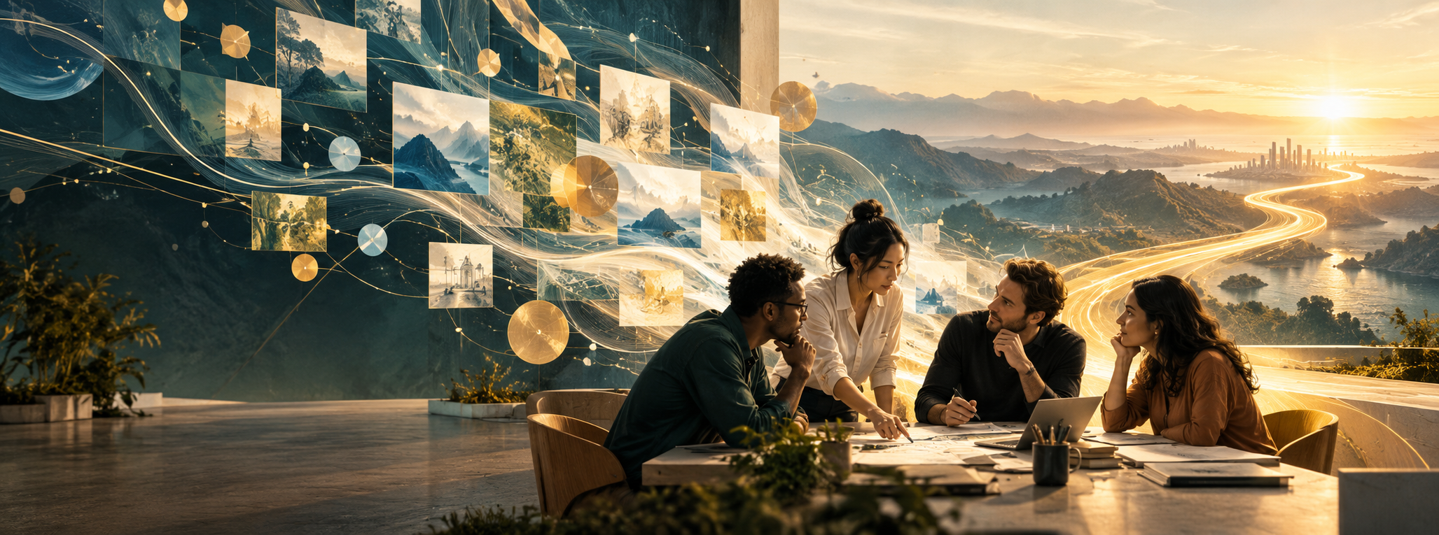 A team considering many AI-generated possibilities and choosing a purposeful path forward