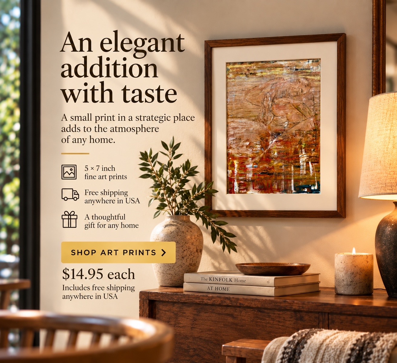 Holiday promotion: a framed 5 × 7-inch art print in an elegant home, $14.95 with free shipping in the USA