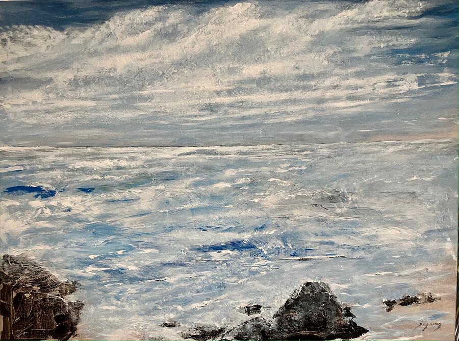 Ocean waves and a rocky shore, an original painting by Angelo Segarra