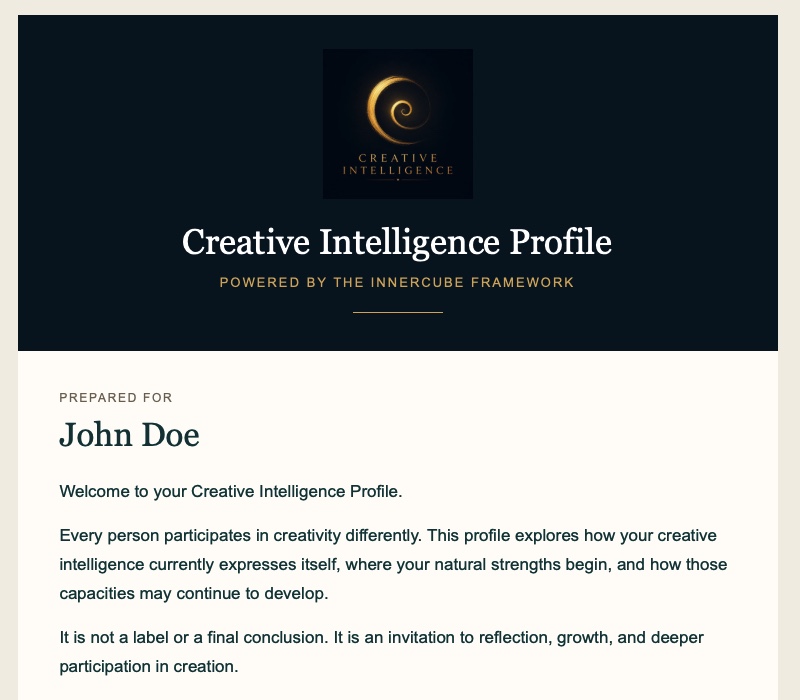 Illustrative Creative Intelligence Profile cover prepared for John Doe, powered by the InnerCube Framework